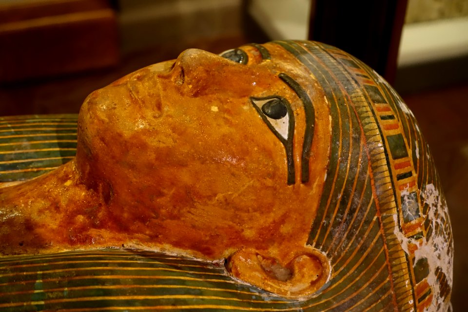 Coffin of Padimut, Egypt, Thebes, Deir el-Bahari, Dynasty 22, 945-712 BC, painted linen and plaster, detail - Harvard Semitic Museum - Cambridge, MA - DSC06212