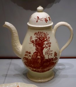 Coffee pot with Rural Lovers by Guy Green, copied from Francois Vivares engraving after Gainsborough, 1770-1775, Queen's ware with red enamel - Wedgwood Museum - Barlaston, Stoke-on-Trent, England - DSC09547
