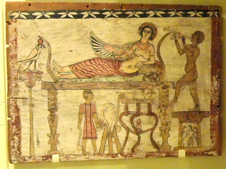 Coffin floorboard depicting Isis being served wine by the deceased, Egypt, Roman Period, 30 BC - AD 324 - Royal Ontario Museum - DSC09735
