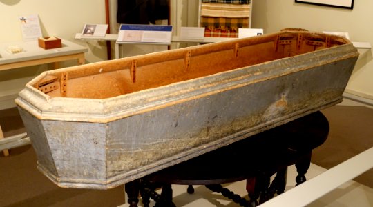 Coffin, said to be town coffin for paupers, Hancock, New Hampshire, 1800s - Concord Museum - Concord, MA - DSC05884