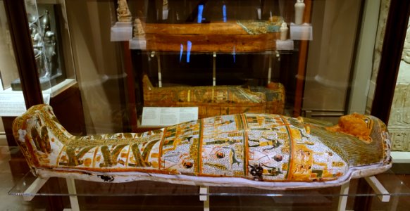 Coffin of Padimut, Egypt, Thebes, Deir el-Bahari, Dynasty 22, 945-712 BC, painted linen and plaster - Harvard Semitic Museum - Cambridge, MA - DSC06210 photo