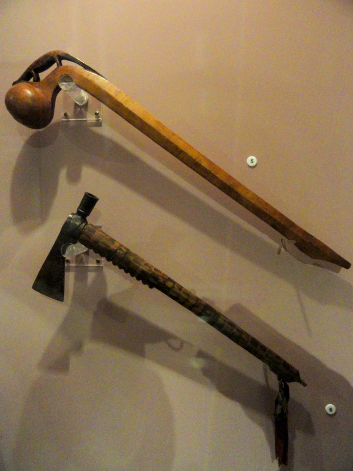 Chippewa ball-headed war club and tomahawk pipe Peabody Museum