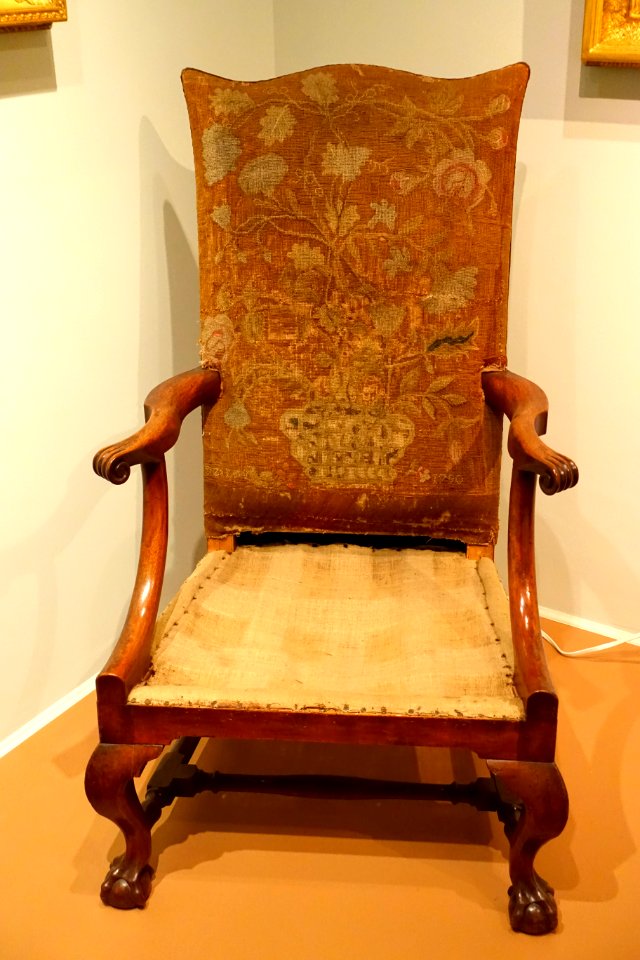 Chippendale lolling chair, American, 1760, mahogany, with needlepoint sewn by Elizabeth Rogers Low, 1790 - Cape Ann Museum - Gloucester, MA - DSC01223
