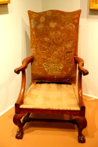 Chippendale lolling chair, American, 1760, mahogany, with needlepoint sewn by Elizabeth Rogers Low, 1790 - Cape Ann Museum - Gloucester, MA - DSC01223