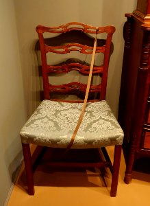Chippendale chairs attributed to Joseph Short, Newburyport, Massachusetts, 1 of 2, c. 1780, mahogany, modern upholstery - Cape Ann Museum - Gloucester, MA - DSC01262