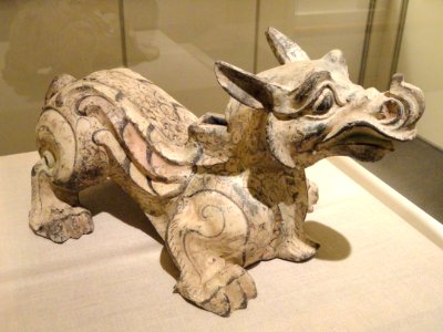 Chimera (Tomb Figurine), Western Han Dynasty, China, gray earthenware with slip coating and polychrome pigments - Art Institute of Chicago - DSC00343