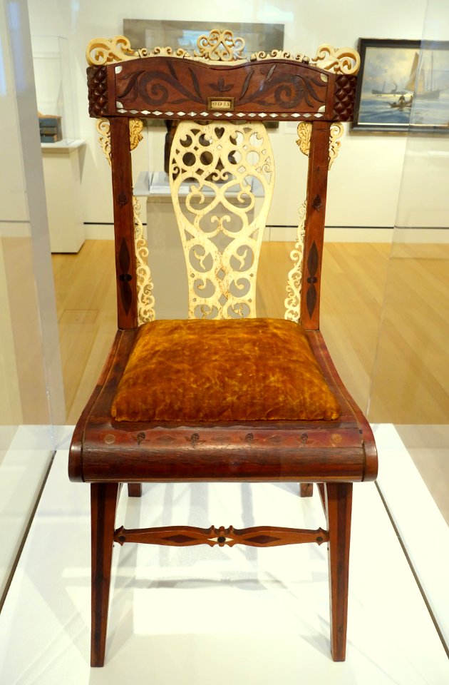 Child's chair with scrimshaw, maker unknown, New Bedford MA, 1815-1820, woods, whalebone, walrus tusk, baleen, mother-of-pearl, wool - Peabody Essex Museum - DSC06929