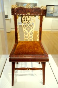Child's chair with scrimshaw, maker unknown, New Bedford MA, 1815-1820, woods, whalebone, walrus tusk, baleen, mother-of-pearl, wool - Peabody Essex Museum - DSC06929