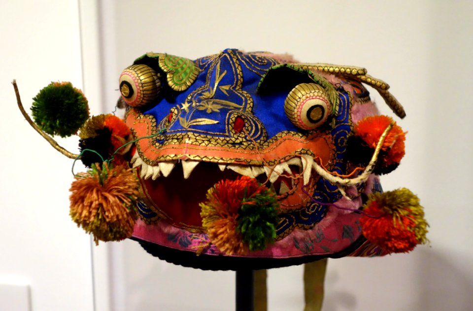 Child's festival hat with features of dragon and qillon, northwest China, early to mid 20th century, silk, gold foil, paper - Textile Museum of Canada - DSC00849