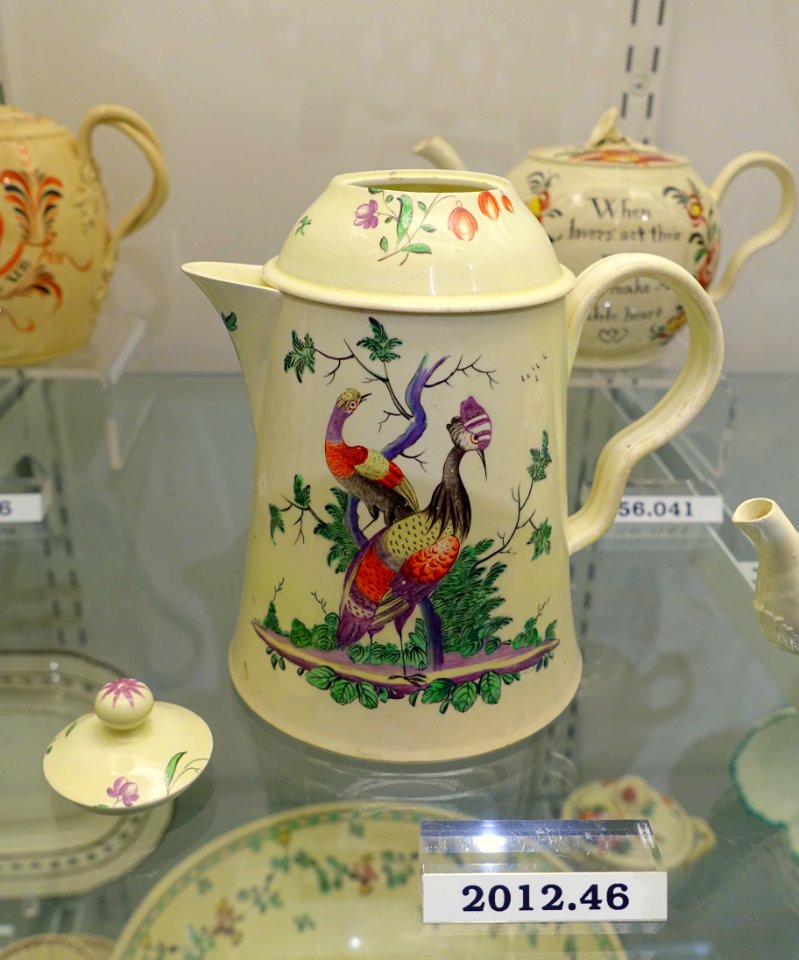 Chocolate pot, England, probably Staffordshire, 1765-1775, creamware, overglaze enamels, HD 2012.46 - Flynt Center of Early New England Life - Deerfield, Massachusetts - DSC04554