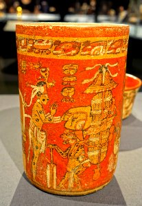 Chocolate cup depicting a mythic scene, Maya, El Zotz or vicinity, Guatemala, 650-800 AD, ceramic, polychrome slip - Princeton University Art Museum - DSC07151