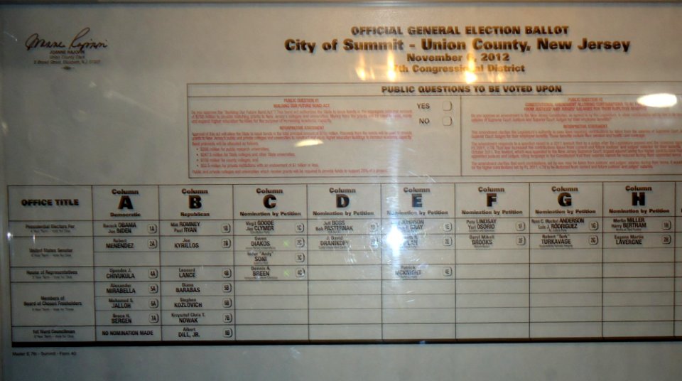 Choices in voting booth for November 2012 election in Summit New Jersey photo