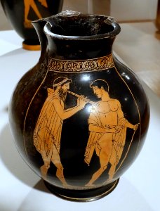 Chous with piper and reveler, Painter of Florence 4021, Greek, Attic, c. 475 BC, red-figure technique on earthenware - Krannert Art Museum, UIUC - DSC06519