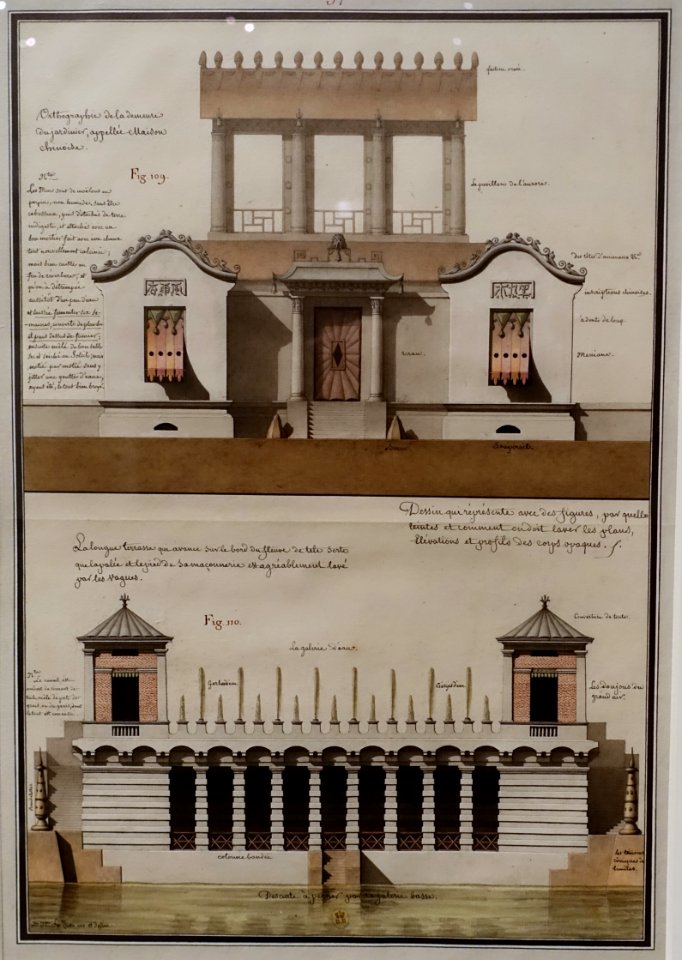 Chinese-style Gardener's House and a Terrace on the Banks of a River, from Civil Architecture, by Jean-Jacques Lequeu, pen and black ink, washes - Morgan Library & Museum - New York City - DSC06734