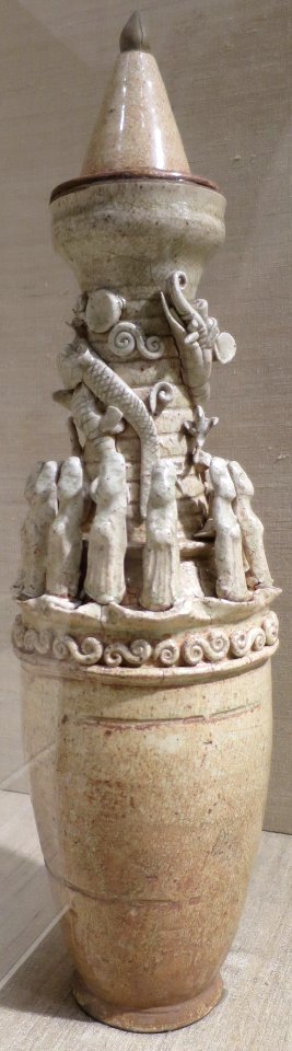 Chinese funeral jar with Taoist Immortals, 13th-14th century, Qingbai ware, porcelain, Dayton Art Institute
