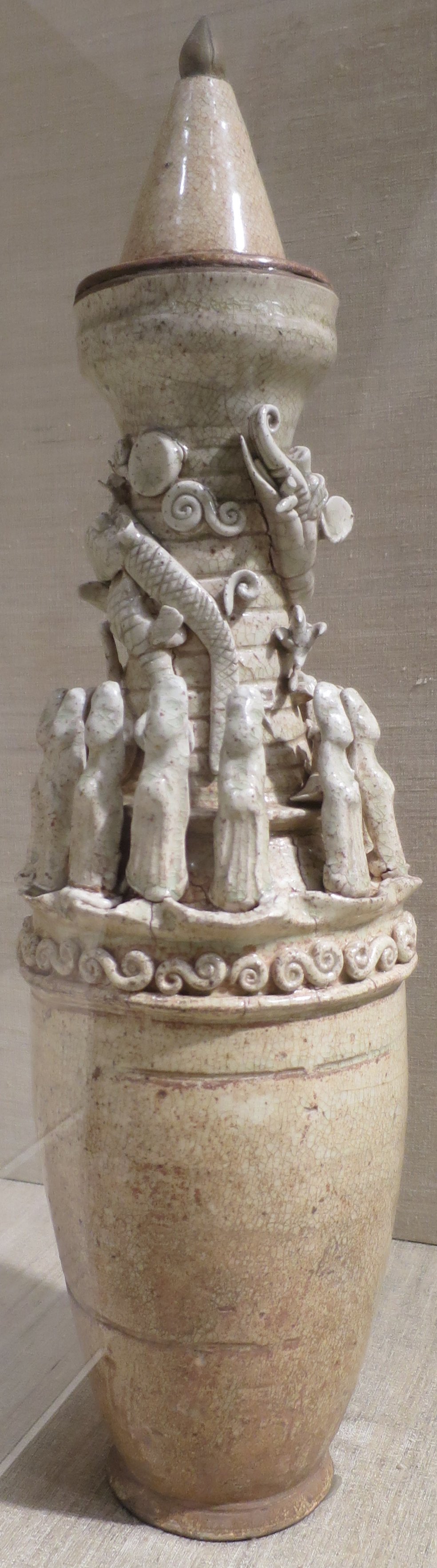 Chinese funeral jar with Taoist Immortals, 13th-14th century, Qingbai ware, porcelain, Dayton Art Institute