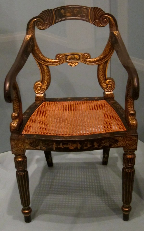 Chinese (probably Canton) armchair, c. 1830-1840, wood, black and gold lacquer decoration with cane seat, HAA