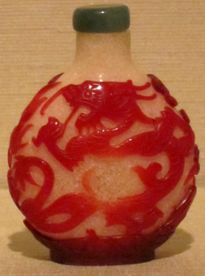 Chinese snuff bottle, 18th century, glass bottle with jadite stopper, Honolulu Museum of Art