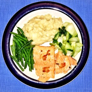 Chinese New Year Eve dinner, with trout, mashed potatos, green beans, and bok choy - Massachusetts