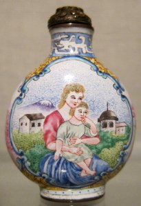 Chinese snuff bottle, Qianlong period, enameled metal bottle with metal stopper, Honolulu Museum of Art