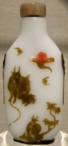 Chinese snuff bottle, 19th century, glass bottle with jadeite stopper, Honolulu Museum of Art
