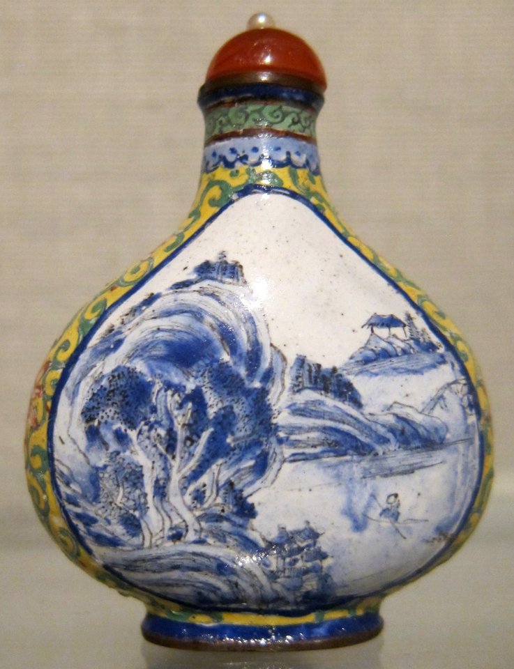 Chinese snuff bottle, Qianlong period, enameled metal bottle with carnelian and pearl stopper, Honolulu Museum of Art