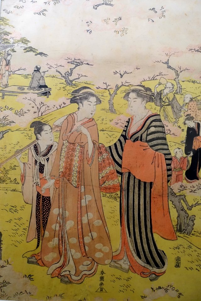 Cherry blossom viewing at Asukayama, by Katsukawa Shuncho, Edo period, 1700s AD, print (detail) - Ishikawa Prefectural Museum of Traditional Arts and Crafts - Kanazawa, Japan - DSC09586
