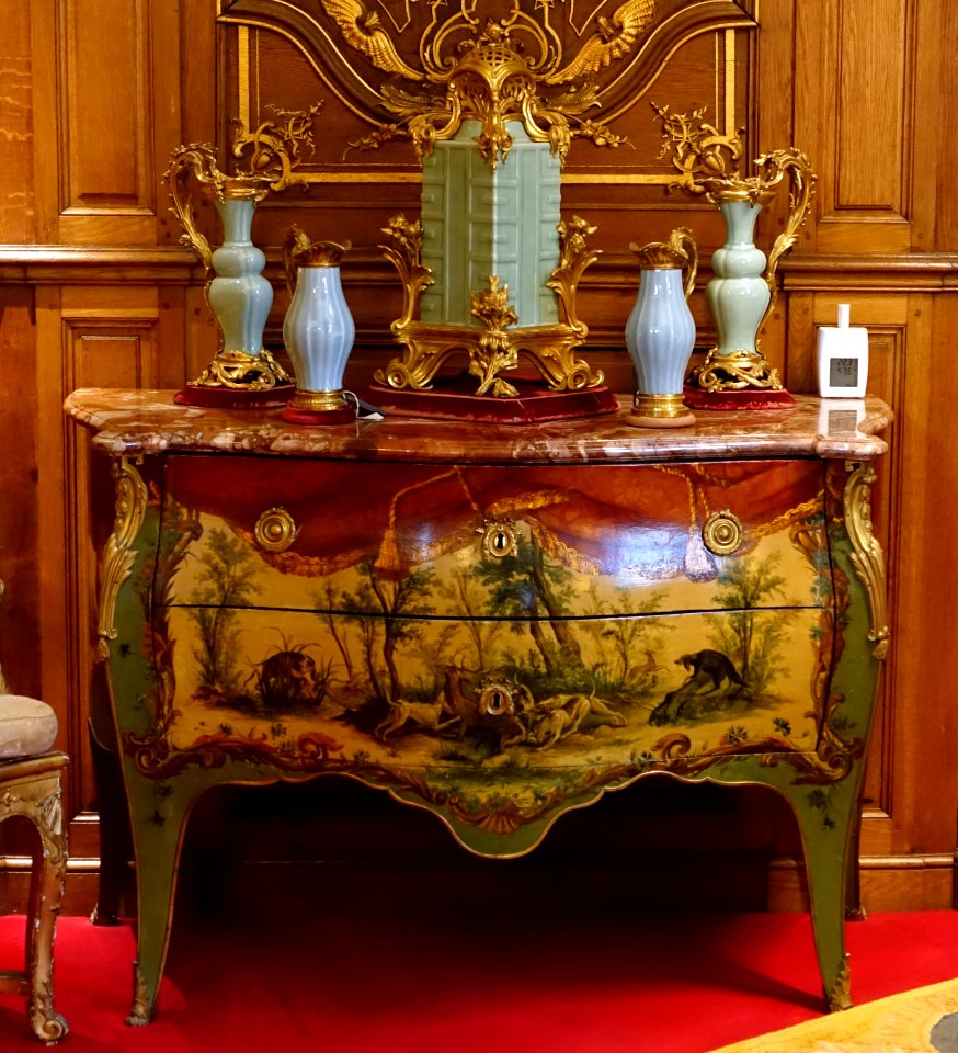 Chest of drawers by Jean-Louis Grandjean, France, c. 1765-1770, with porcelain - Waddesdon Manor - Buckinghamshire, England - DSC07675
