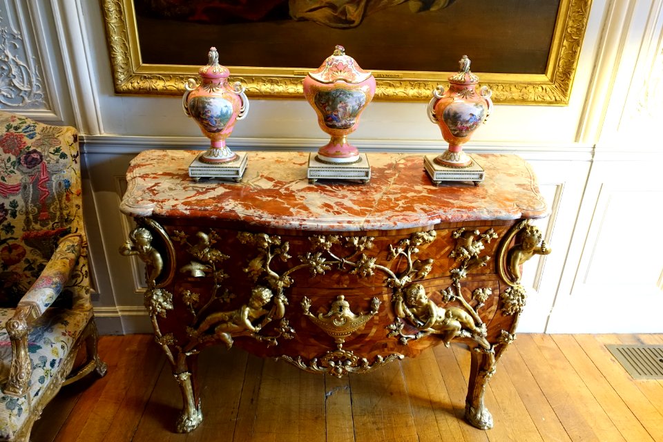Chest of drawers by Charles Cressent, Paris, c. 1730, with Sevres porcelain - Waddesdon Manor - Buckinghamshire, England - DSC07643