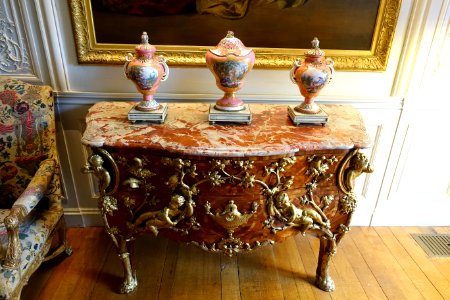Chest of drawers by Charles Cressent, Paris, c. 1730, with Sevres porcelain - Waddesdon Manor - Buckinghamshire, England - DSC07643