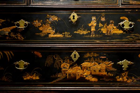 Chest on chest, view 2, unidentified maker, Dutch or Danish, c. 1700, spruce, alder, pear wood, white oak, with paint, gesso, gilding, and brass hardware - Albany Institute of History and Art - DSC07976