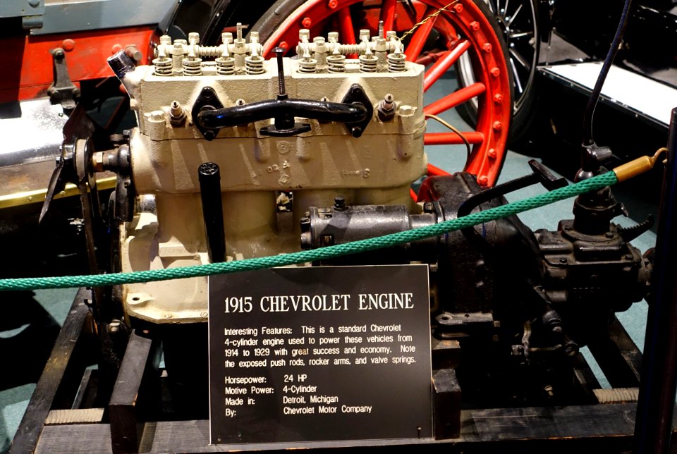 Chevrolet engine, 1915, made by Chevrolet Motor Co., Detroit, 24 HP, 4 cylinder - Luray Caverns Car and Carriage Museum - Luray, Virginia - DSC01284