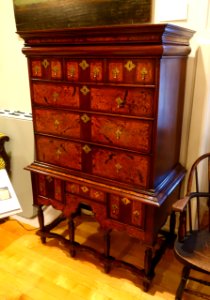 Chest-on-stand, probably Boston MA, c. 1710, walnut, pine, whitewood, figured maple - Old Colony History Museum - Taunton, Massachusetts - DDSC03691