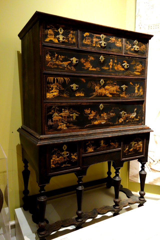 Chest on chest, view 1, unidentified maker, Dutch or Danish, c. 1700, spruce, alder, pear wood, white oak, with paint, gesso, gilding, and brass hardware - Albany Institute of History and Art - DSC07974