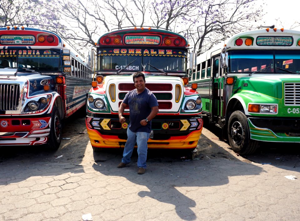 Chickenbus and driver in Antigua, Guatemala
