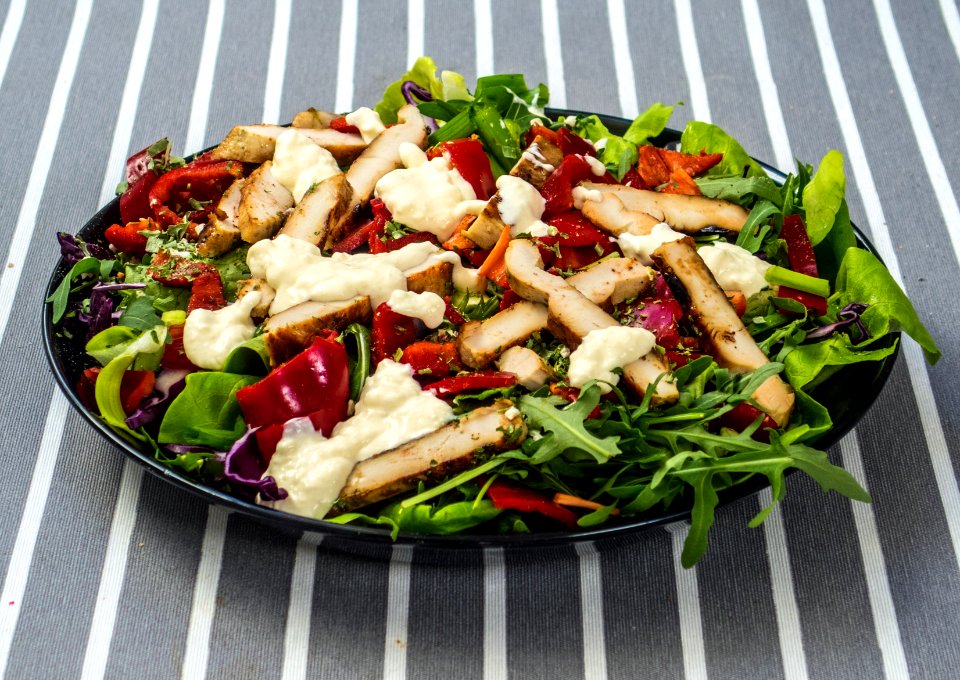 Chicken salad on striped tablecloth