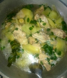 Chicken tinola with kalamunggay (moringa leaves) and chayote (Philippines)