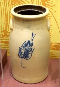 Churn, E. & L. P. Norton Pottery, 1861-1882, salt-glazed stoneware with cobalt decoration - Bennington Museum - Bennington, VT - DSC08997