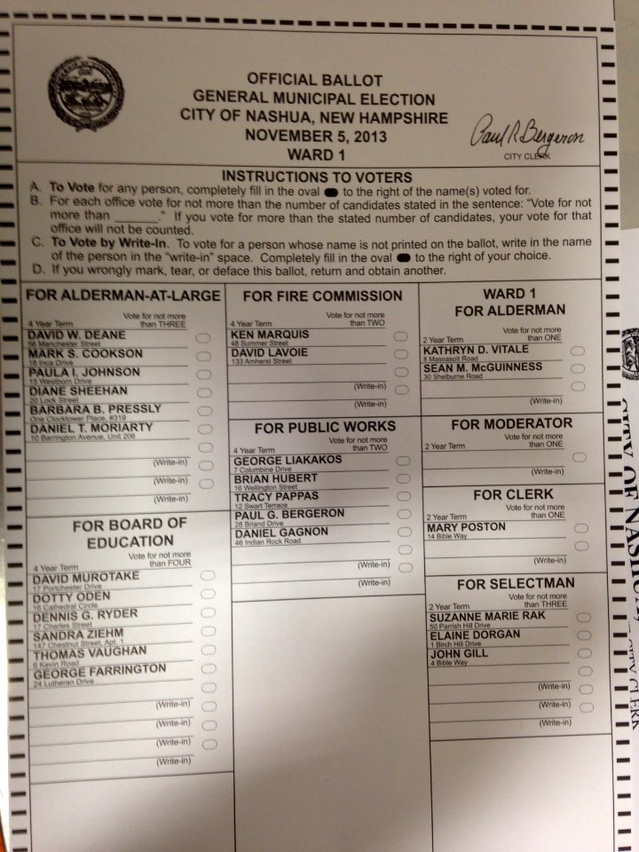 City of Nashua Election Ballot 2013