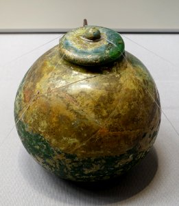 Cinerary urn, excavated from Fumi-no-Nemaro's Tomb, Yataki, Haibara-ku, Uda-shi, Nara, Japan, Asuka period, dated 707 AD, glass - Tokyo National Museum - Tokyo, Japan - DSC09195