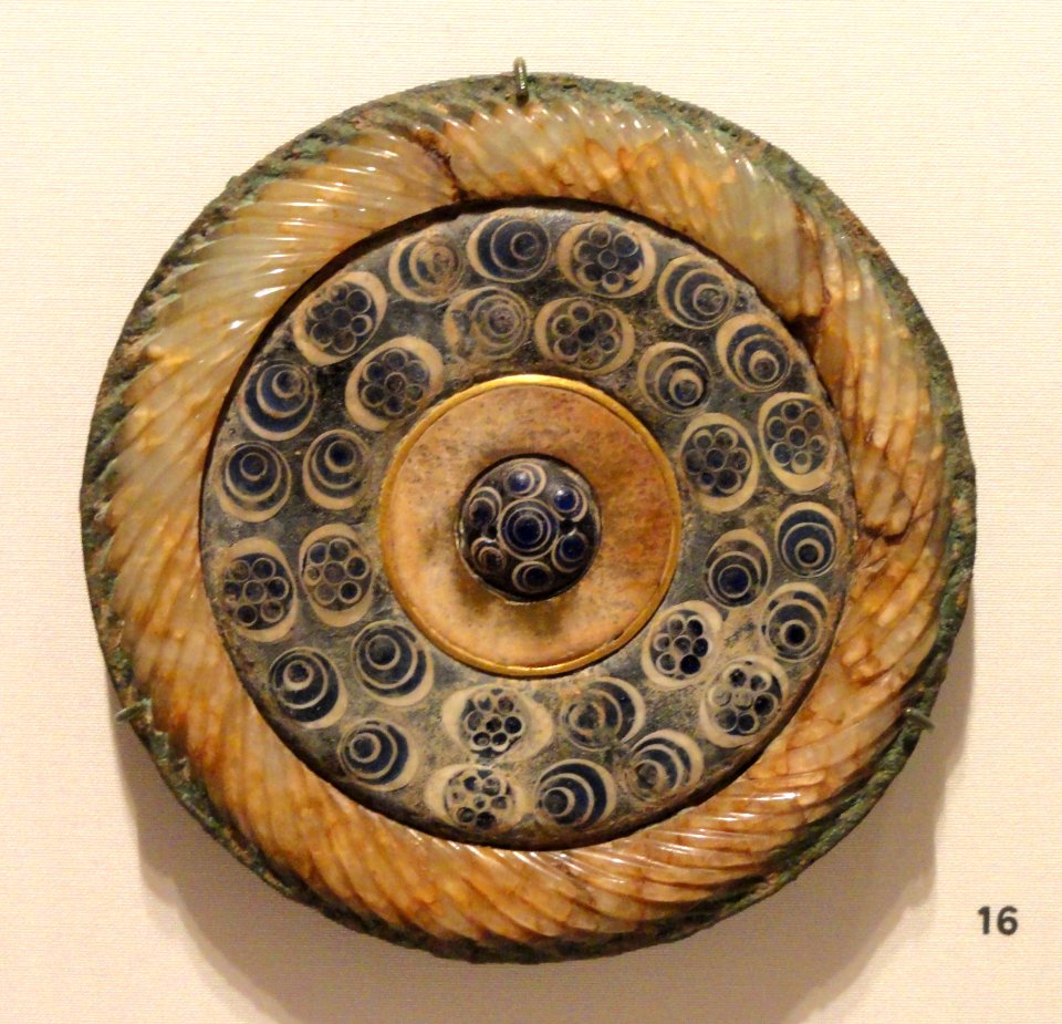 Circular Mirror or Cover, 475-221 BC, Warring States Period, China, bronze with overlays of nephrite and blue and white glass - Sackler Museum - DSC02591
