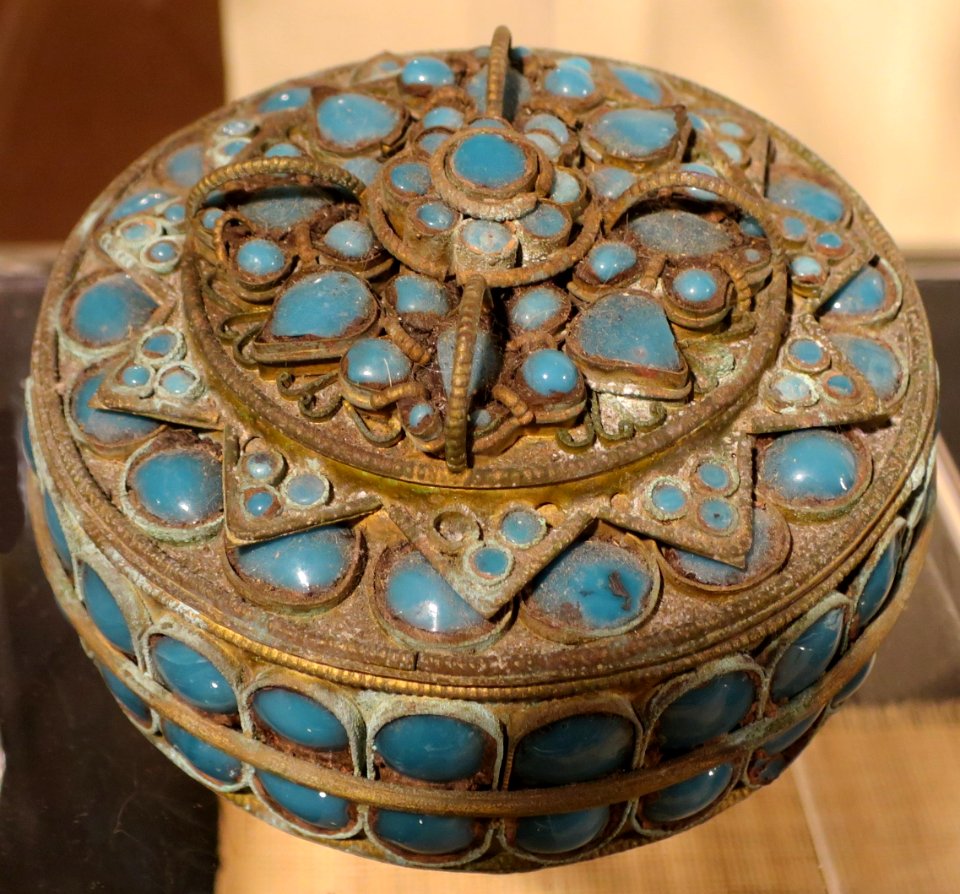 Circular container from Nepal, bronze and glass paste, mid-20th century