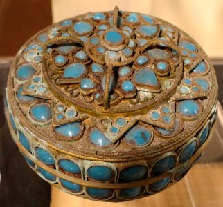 Circular container from Nepal, bronze and glass paste, mid-20th century