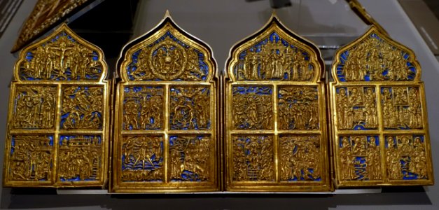 Church festivals folding icon, Russian, 1700s to 1800s, brass, enamel - Jordan Schnitzer Museum of Art, University of Oregon - Eugene, Oregon - DSC09287