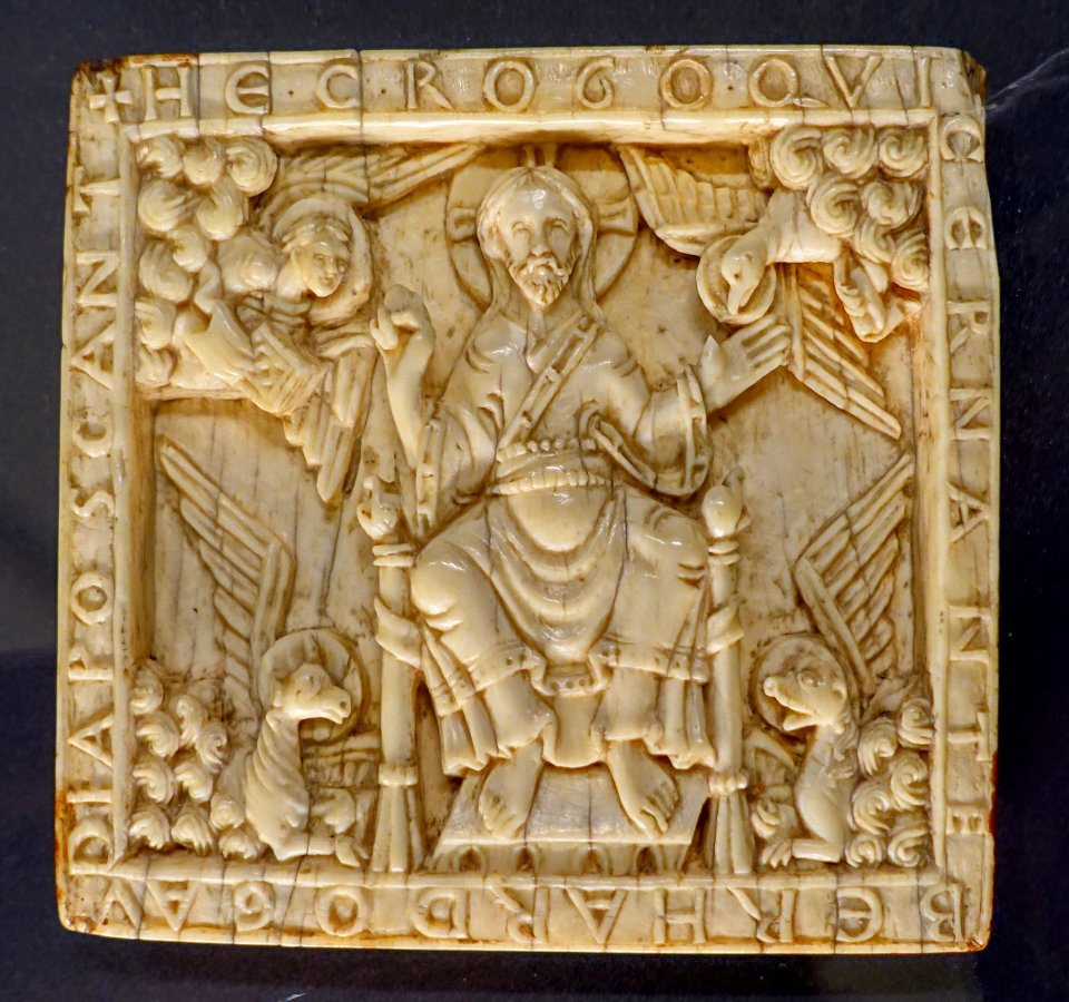 Christ in Majesty with the evangelist symbols, Trier or southwestern Germany, 1100-1150 AD, ivory - Hessisches Landesmuseum Darmstadt - Darmstadt, Germany - DSC00302