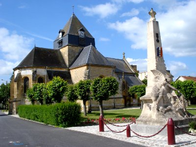Church and war memorial at Juniville (Ardennes, Fr)