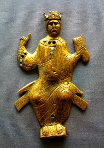 Christ Enthroned, plaque from a liturgical object, Limoges, 12th century, bronze with enamel, turquoises - Museum Schnütgen - Cologne, Germany - DSC09989 photo