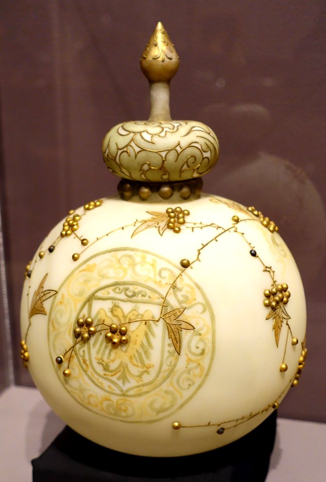 Crown Milano covered jar, Mt. Washington Glass Company, New Bedford MA, c. 1890, blown glass with painted decoration - Bennington Museum - Bennington, VT - DSC09096
