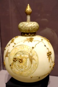 Crown Milano covered jar, Mt. Washington Glass Company, New Bedford MA, c. 1890, blown glass with painted decoration - Bennington Museum - Bennington, VT - DSC09096