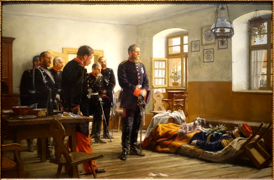 Crown Prince Frederick Wilhelm of Prussia standing before the body of General Abel Douay, by Anton von Werner, 1889, oil on artists' board - Germanisches Nationalmuseum - Nuremberg, Germany - DSC03545